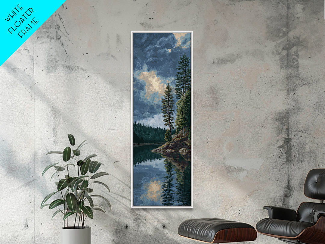 Quiet Lake Reflecting Pine Forest Canvas Print, Landscape Art, Framed Wall Art, Living Room Decor, Oil Painting, Horizon, LAN-1x3-40