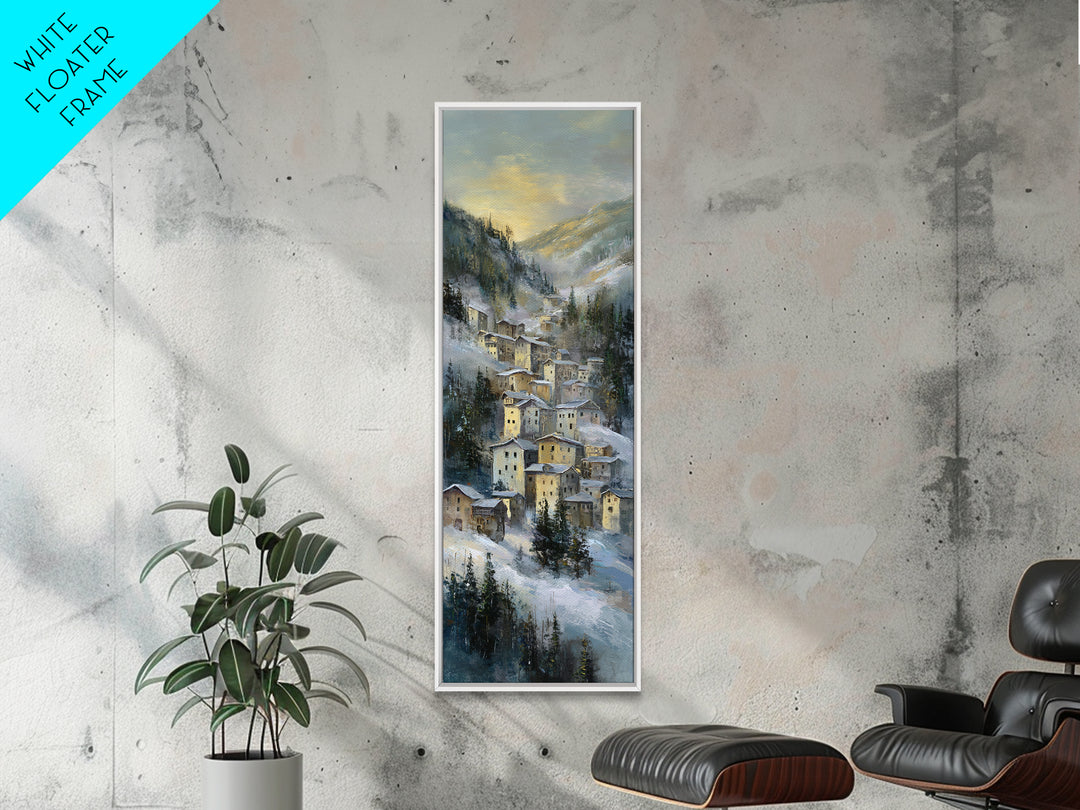 Snow Covered Alpine Village at Dusk Canvas Print, Landscape Art, Abstract Wall Art, Living Room Decor, Fine Art, Horizon, LAN-1x3-43