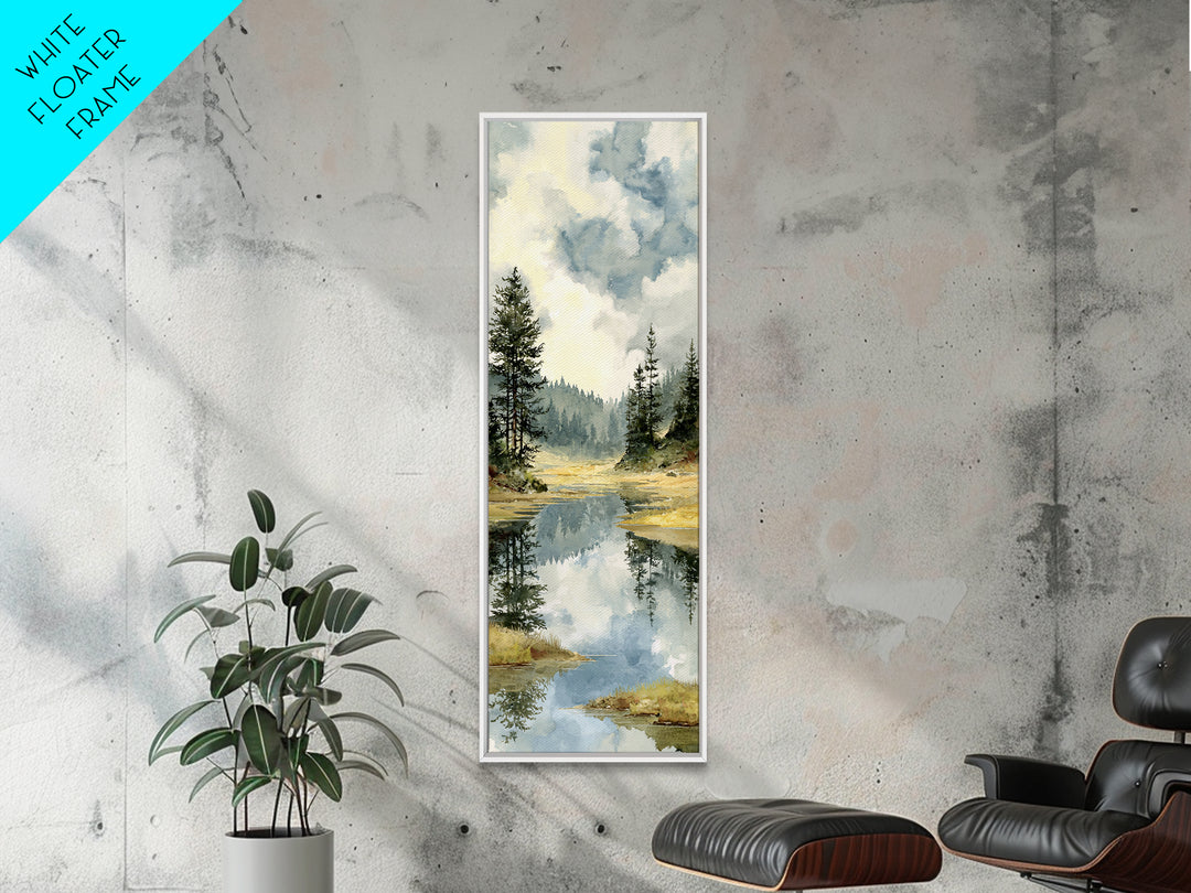 Quiet Lake Reflecting Pine Forest Framed Canvas Print, Landscape Art, Abstract Wall Art, Living Room Decor, Fine Art, Horizon, LAN-1x3-64