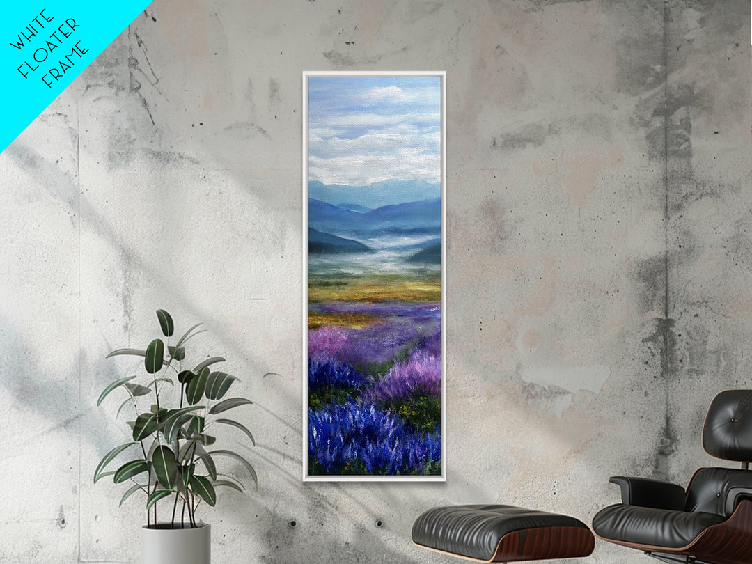 Lavender Field Leading to Distant Hills Framed Canvas Print, Landscape Art, Modern Decor, Living Room Decor, Fine Art, Horizon, LAN-1x3-70
