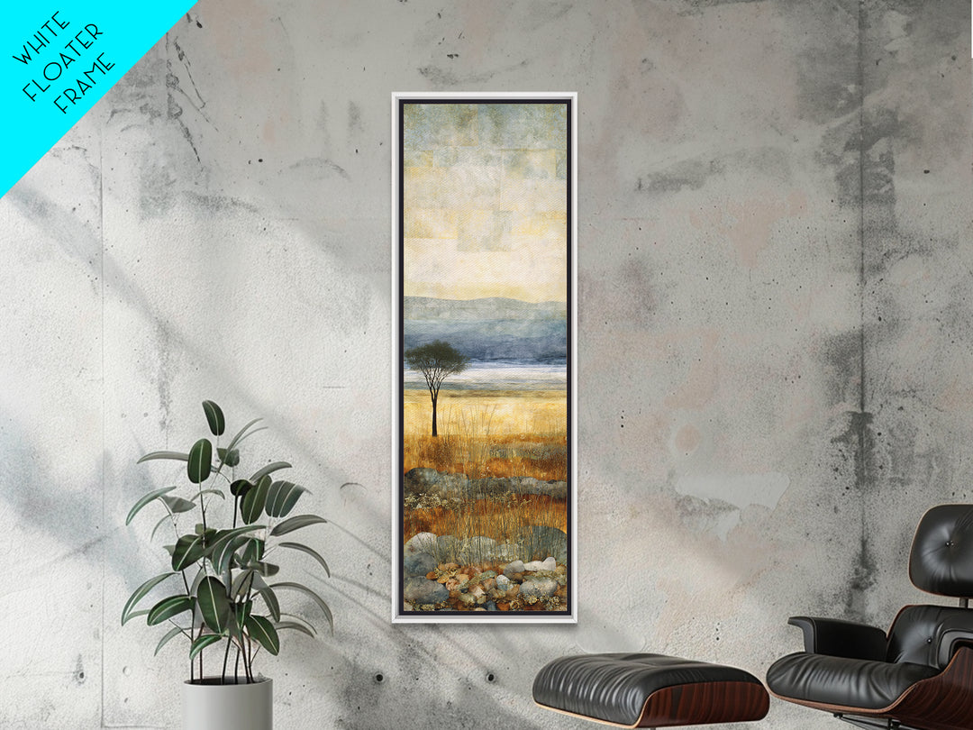 Wide Savanna with Acacia Silhouette Framed Canvas Print, Landscape Art, Living Room Wall Art, Living Room Decor, Oil Painting, LAN-1x3-79