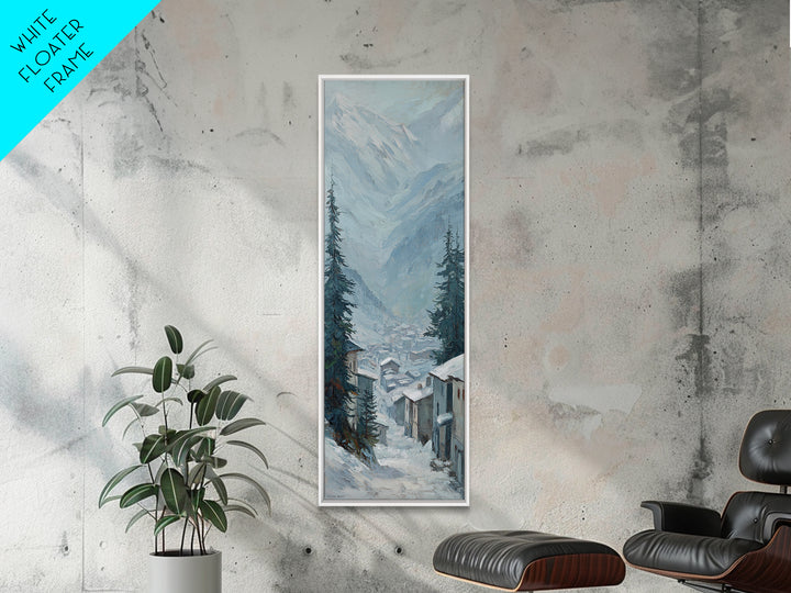 Snow Covered Alpine Village at Dusk Framed Canvas Print, Landscape Art, Boho Decor, Living Room Decor, Fine Art, Horizon, LAN-1x3-91