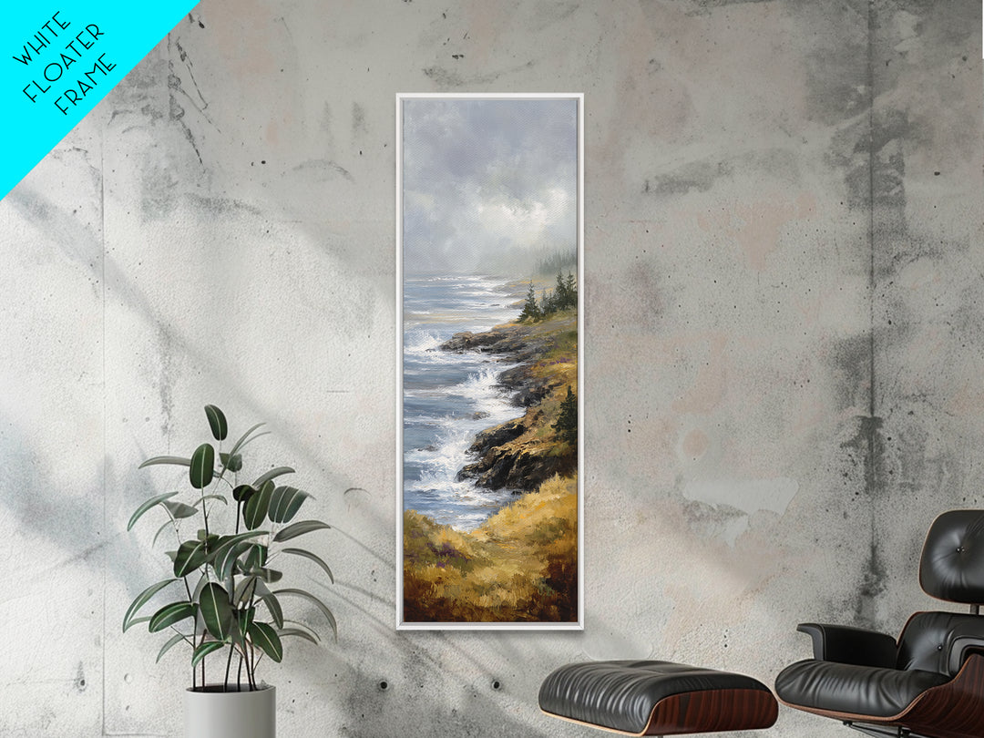 Coastal Cliffs with Crashing Waves Framed Canvas Print, Landscape Art, Modern Wall Art, Living Room Decor, Watercolor Art, LAN-1x3-92