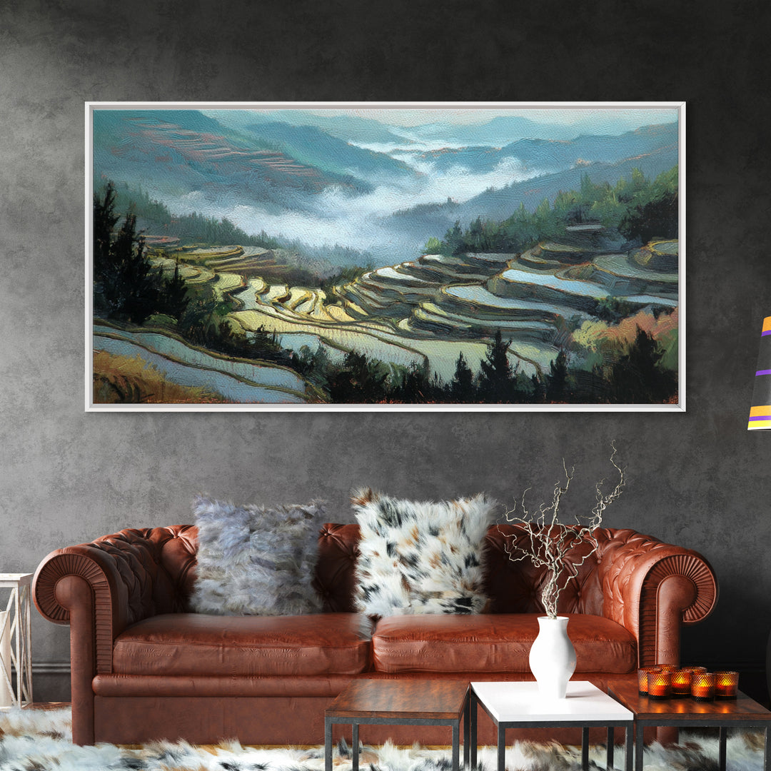 Rice Terraces Glowing Framed Canvas Print, Landscape Art, Luxury Decor, Living Room Decor, Fine Art, Horizon, Digital Art, LAN-2x1-14