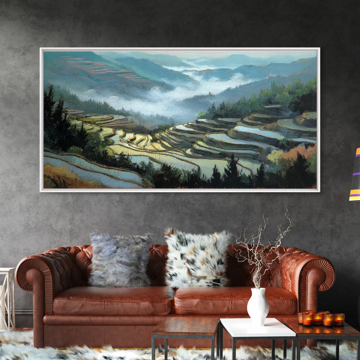 Rice Terraces Glowing Framed Canvas Print, Landscape Art, Luxury Decor, Living Room Decor, Fine Art, Horizon, Digital Art, LAN-2x1-14