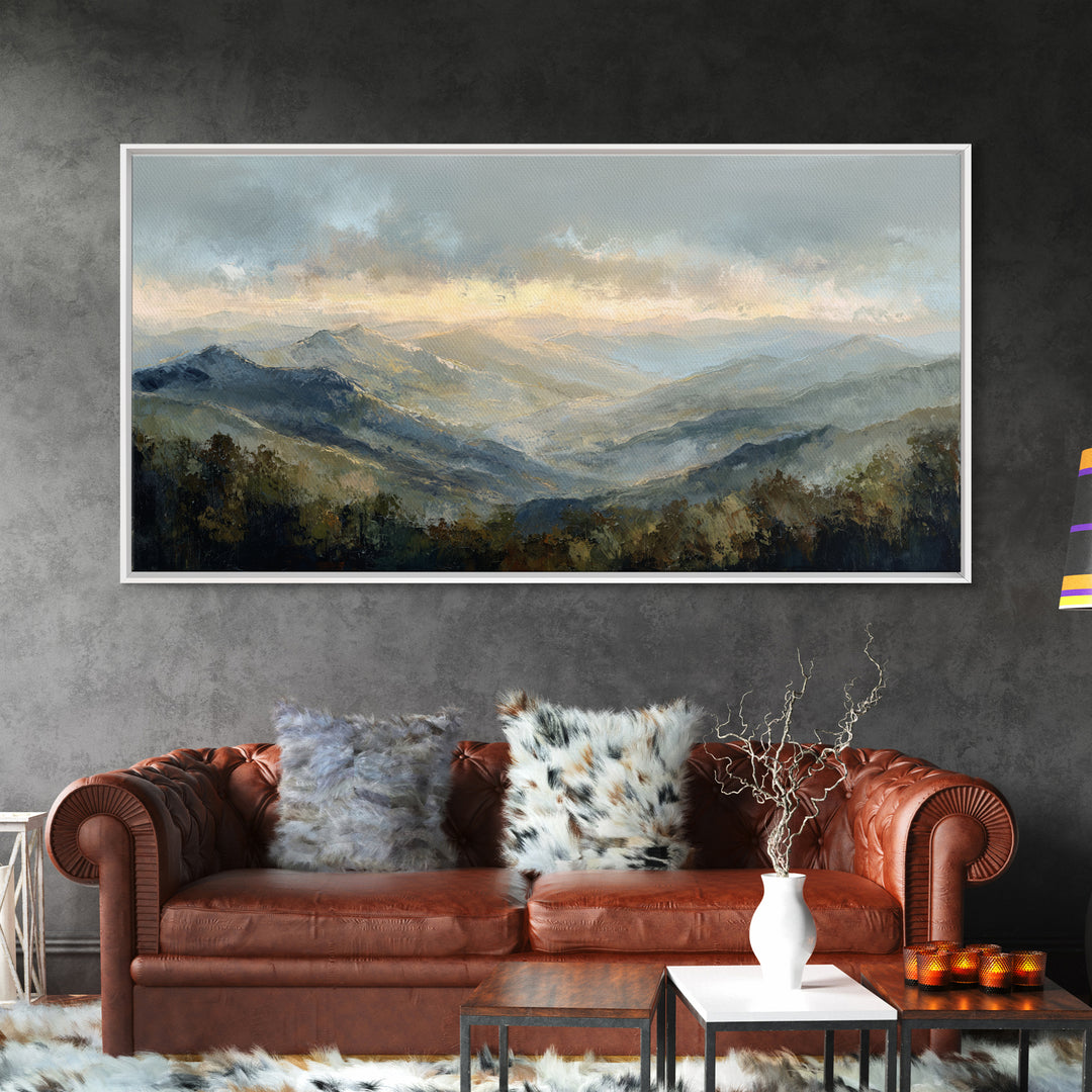 Misty Mountain Valley at Sunrise Canvas Print, Landscape Art, Digital Art, Living Room Decor, Fine Art, Horizon, Boho Wall Art, LAN-2x1-21