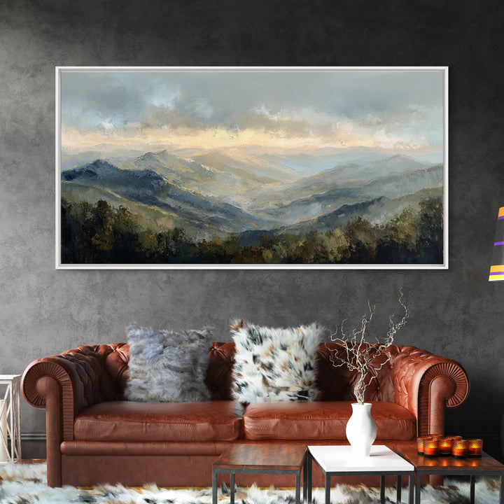Misty Mountain Valley at Sunrise Canvas Print, Landscape Art, Digital Art, Living Room Decor, Fine Art, Horizon, Boho Wall Art, LAN-2x1-21