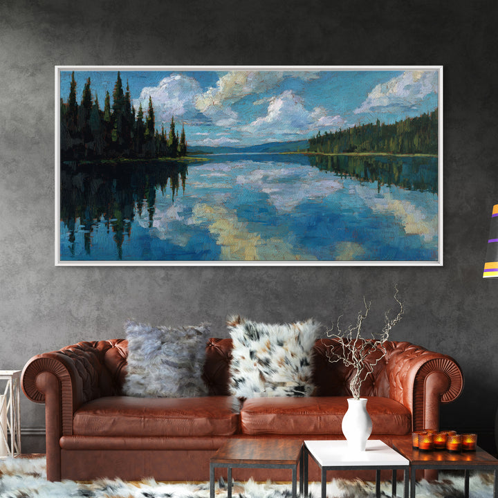 Quiet Lake Reflecting Pine Forest Framed Canvas Print, Landscape Art, Minimalist Decor, Living Room Decor, Oil Painting, LAN-2x1-24