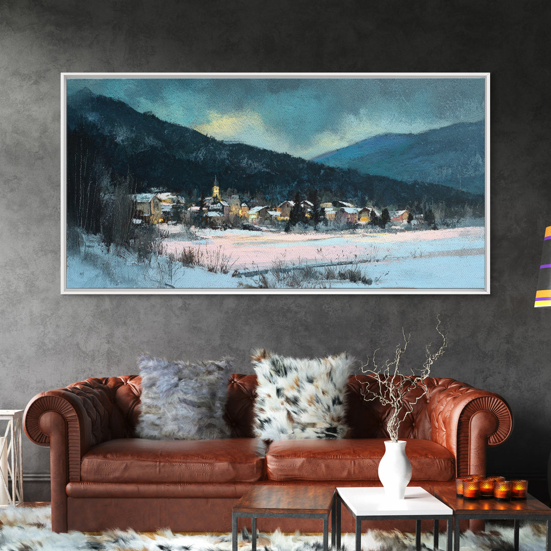 Snow Covered Alpine Village at Dusk Framed Canvas Print, Landscape Art, Boho Decor, Living Room Decor, Fine Art, Horizon, LAN-2x1-27
