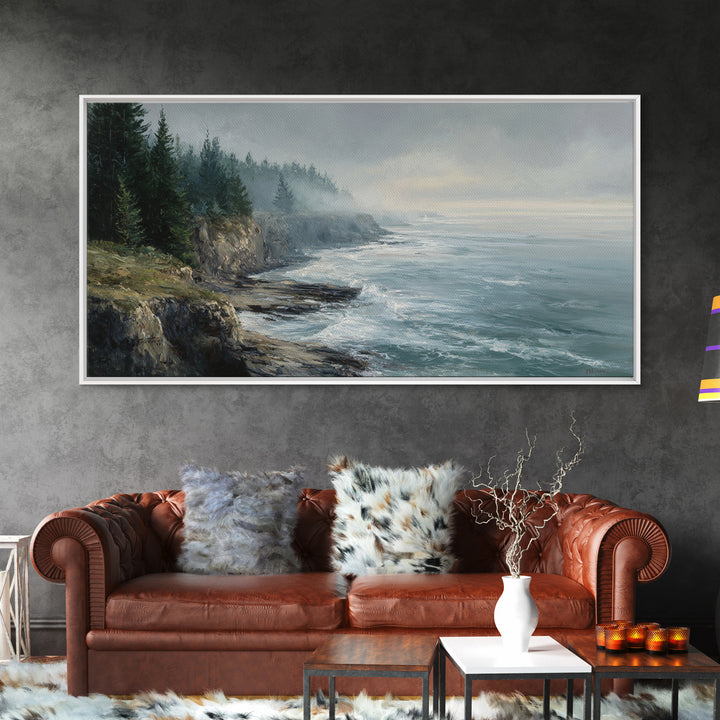 Coastal Cliffs with Crashing Waves Framed Canvas Print, Landscape Art, Contemporary Art, Living Room Decor, Fine Art, Horizon, LAN-2x1-28