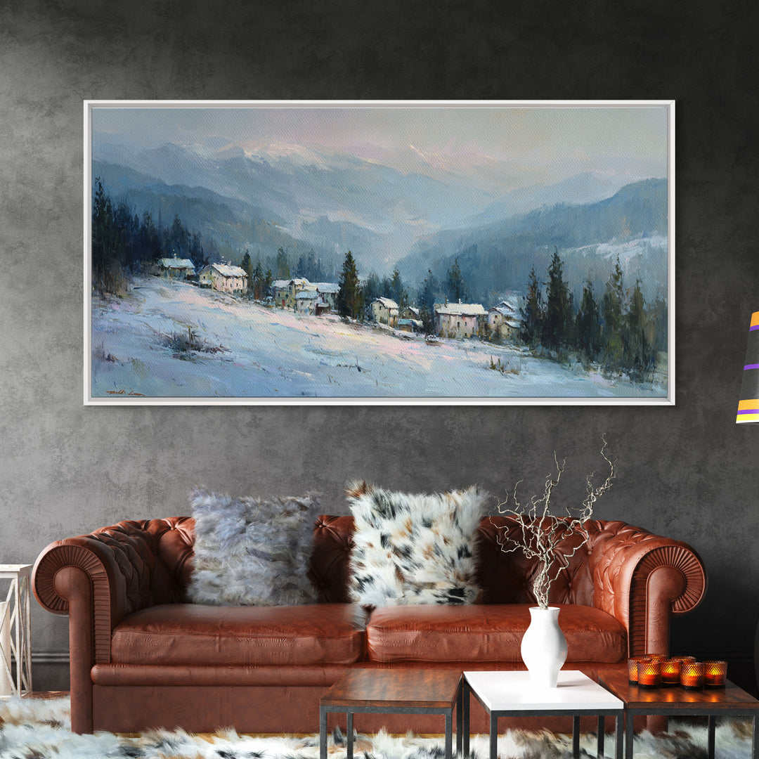 Snow Covered Alpine Village at Dusk Framed Canvas Print, Landscape Art, Framed Wall Art, Living Room Decor, Oil Painting, LAN-2x1-3