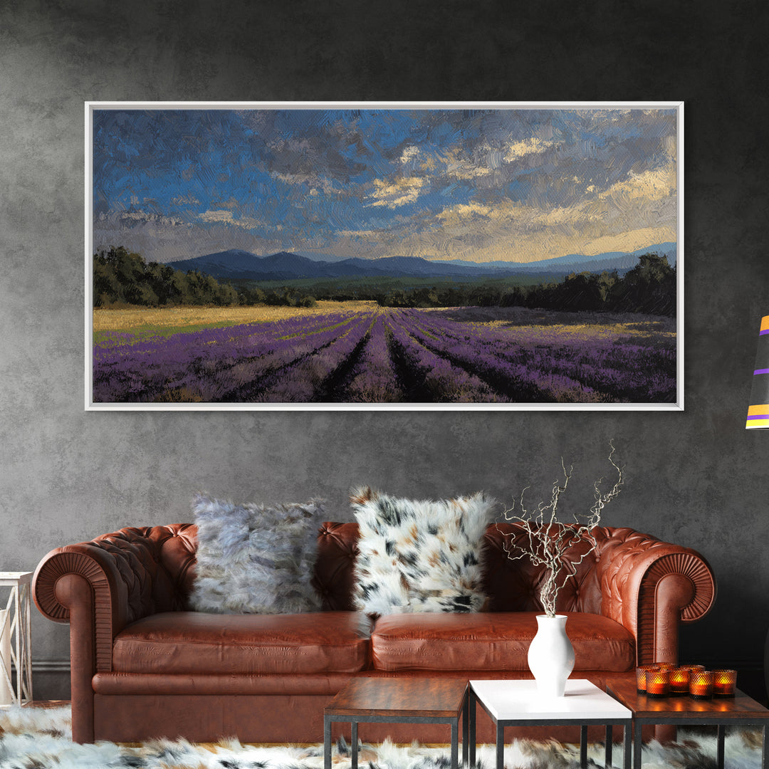 Lavender Field Leading to Distant Hills Framed Canvas Print, Landscape Art, Minimalist Decor, Living Room Decor, Oil Painting, LAN-2x1-30