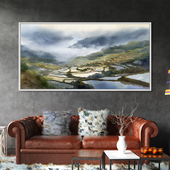 Rice Terraces Glowing Framed Canvas Print, Landscape Art, Luxury Decor, Living Room Decor, Fine Art, Horizon, Digital Art, LAN-2x1-38