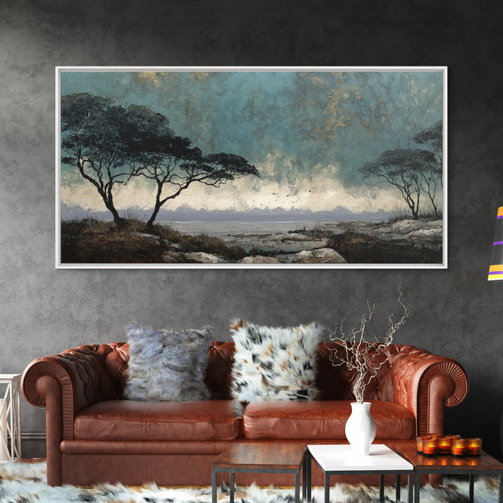 Wide Savanna with Acacia Silhouette Canvas Print, Landscape Art, Digital Art, Living Room Decor, Horizon, Boho Wall Art, LAN-2x1-39