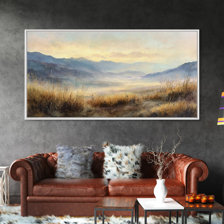 Misty Mountain Valley at Sunrise Framed Canvas Print, Landscape Art, Framed Wall Art, Living Room Decor, Oil Painting, Horizon, LAN-2x1-45