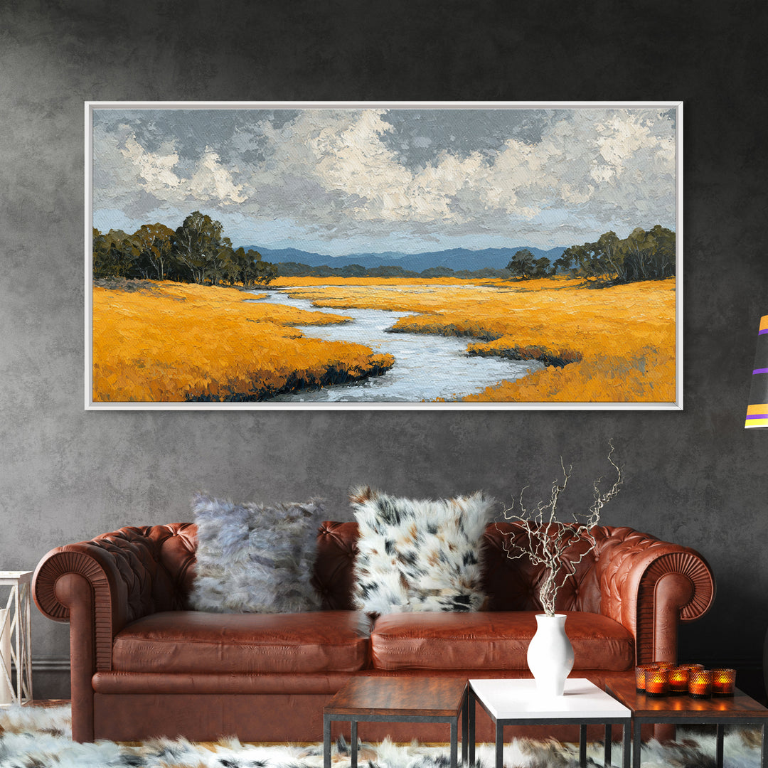 Winding River Through Golden Fields Framed Canvas Print, Landscape Art, Wall Decor, Living Room Decor, Fine Art, Horizon, LAN-2x1-46