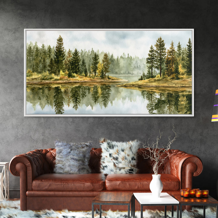 Quiet Lake Reflecting Pine Forest Canvas Print, Landscape Art, Digital Prints, Living Room Decor, Horizon, Farmhouse Decor, LAN-2x1-48