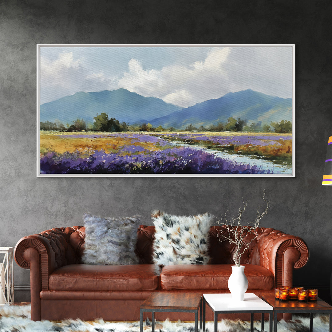Lavender Field Leading to Distant Hills Canvas Print, Landscape Art, Digital Prints, Living Room Decor, Fine Art, Horizon, LAN-2x1-54