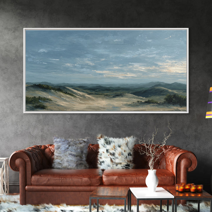 Desert Dunes under Pale Moon Framed Canvas Print, Landscape Art, Farmhouse Decor, Living Room Decor, Fine Art, Horizon, LAN-2x1-55