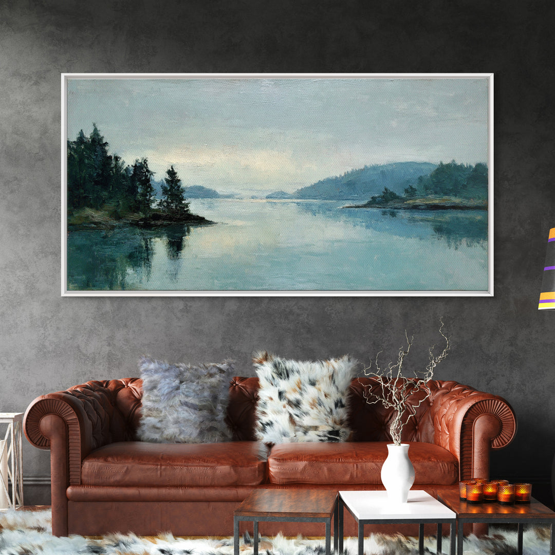 Fjord Landscape with Icy Blue Water Framed Canvas Print, Landscape Art, Wall Art Print, Living Room Decor, Fine Art, Horizon, LAN-2x1-59