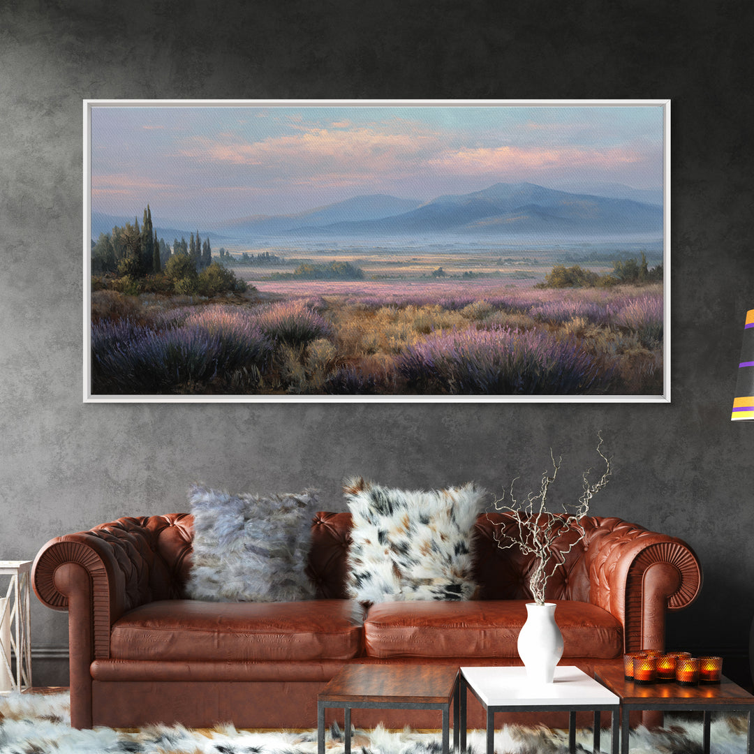Lavender Field Leading to Distant Hills Framed Canvas Print, Landscape Art, Minimalist Decor, Living Room Decor, Oil Painting, LAN-2x1-6