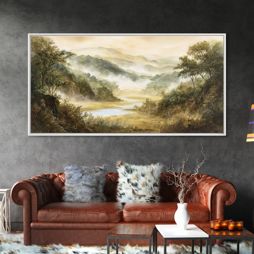 Tropical Jungle Waterfall Framed Canvas Print, Landscape Art, Digital Art, Living Room Decor, Fine Art, Horizon, Boho Wall Art, LAN-2x1-60