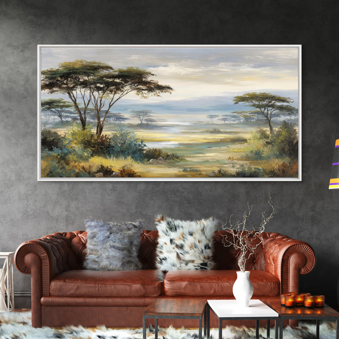 Wide Savanna with Acacia Silhouette Canvas Print, Landscape Art, Abstract Wall Art, Living Room Decor, Fine Art, Horizon, LAN-2x1-63