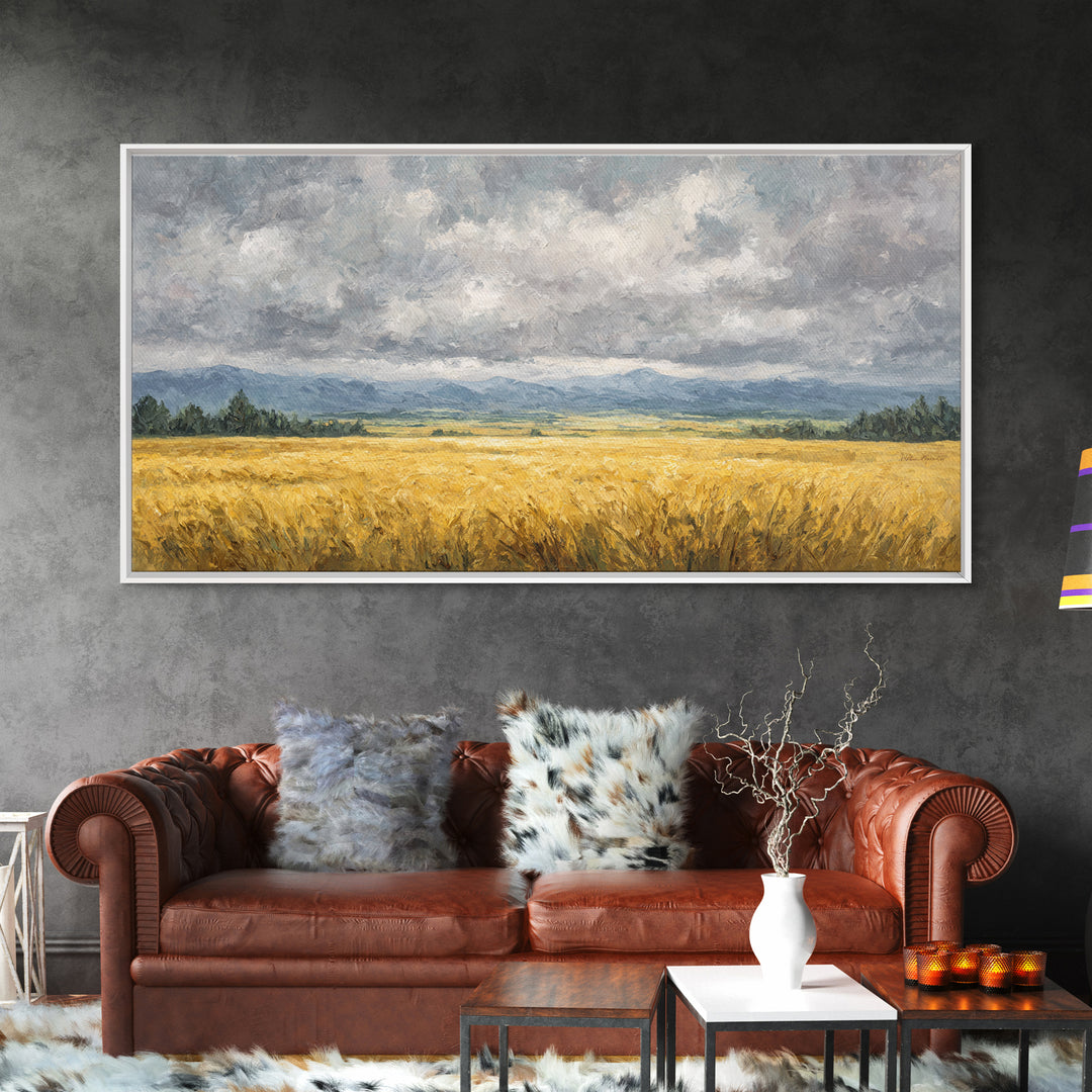 Golden Wheat Field Beneath Huge Clouds Canvas Print, Landscape Art, Original Painting, Living Room Decor, Fine Art, Horizon, LAN-2x1-68