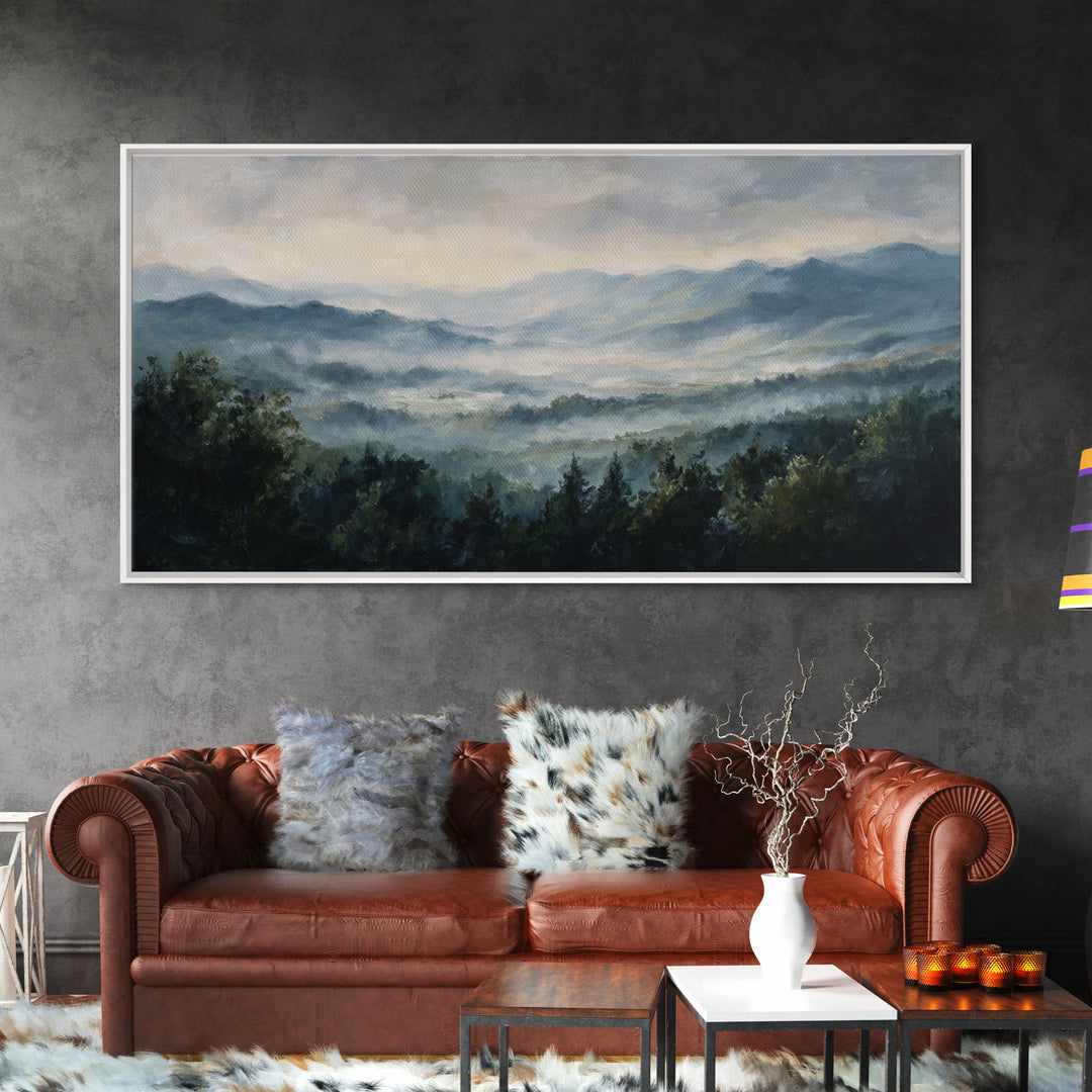 Misty Mountain Valley at Sunrise Canvas Print, Landscape Art, Abstract Wall Art, Living Room Decor, Fine Art, Horizon, LAN-2x1-69