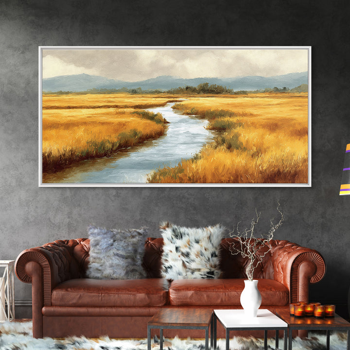 Winding River Through Golden Fields Canvas Print, Landscape Art, Printable Wall Art, Living Room Decor, Oil Painting, Horizon, LAN-2x1-70