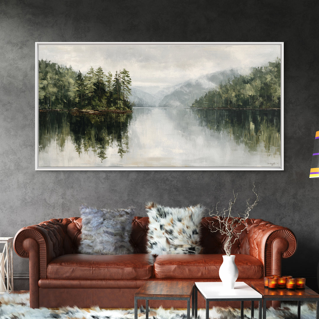 Quiet Lake Reflecting Pine Forest Framed Canvas Print, Landscape Art, Digital Wall Art, Living Room Decor, Fine Art, Horizon, LAN-2x1-72