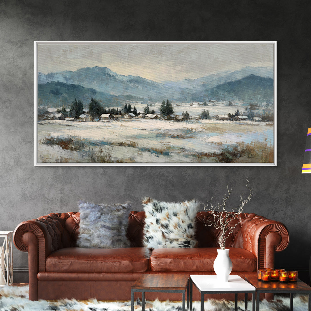 Snow Covered Alpine Village at Dusk Framed Canvas Print, Landscape Art, Room Decor, Living Room Decor, Fine Art, Horizon, LAN-2x1-75