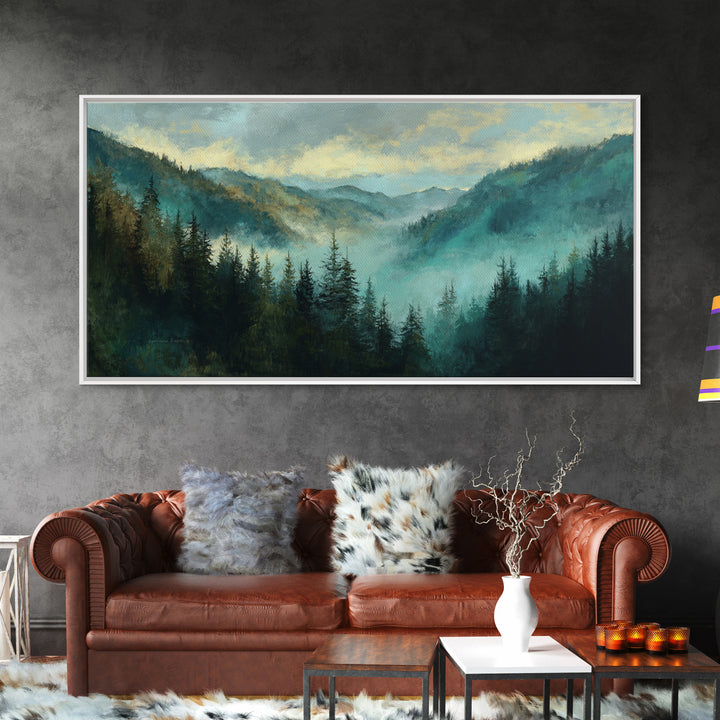 Waterfall Hidden in Dense Forest Framed Canvas Print, Landscape Art, Living Room Decor, Oil Painting, Horizon, Modern Art, LAN-2x1-80