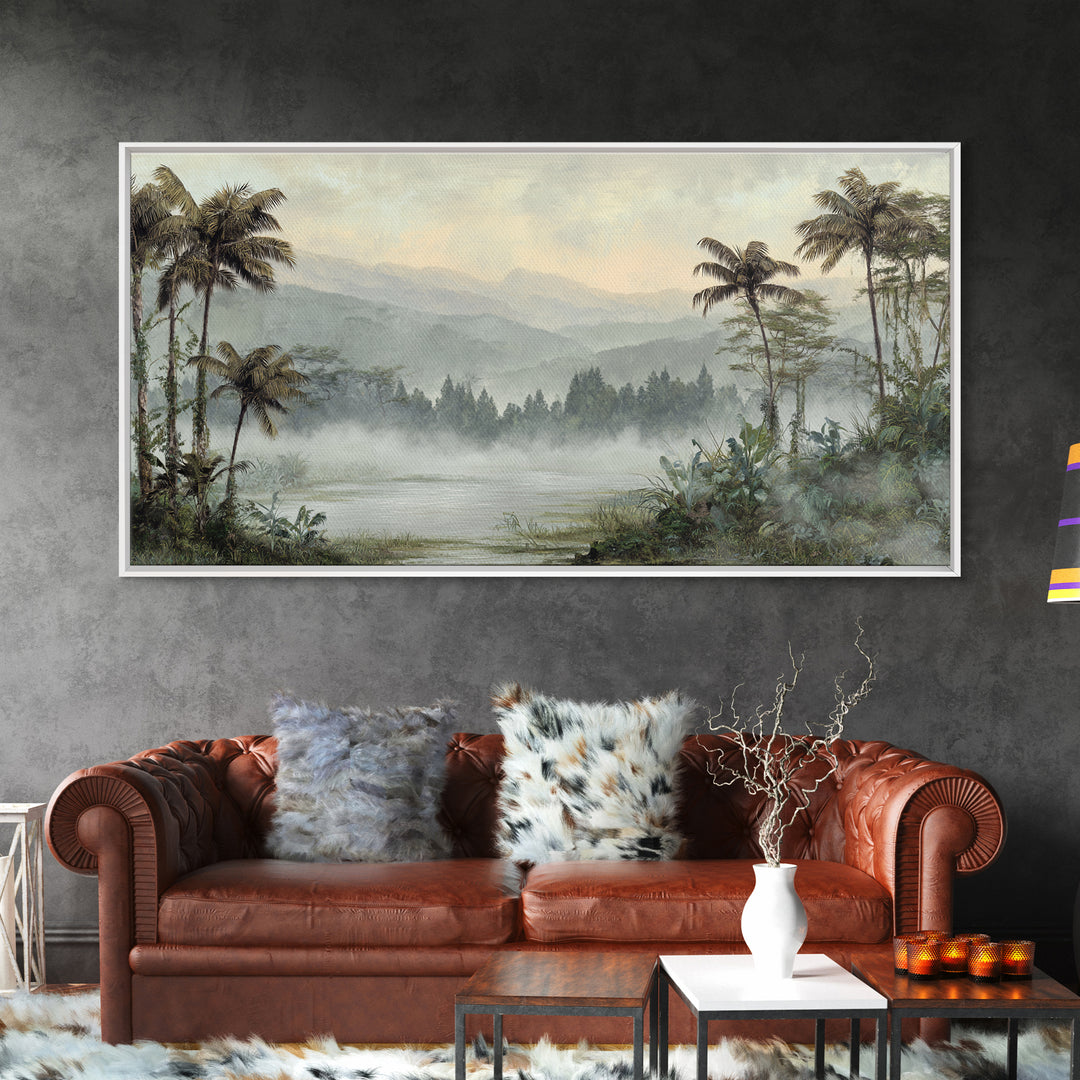 Tropical Jungle Waterfall Framed Canvas Print, Landscape Art, Abstract Wall Art, Living Room Decor, Fine Art, Horizon, LAN-2x1-84