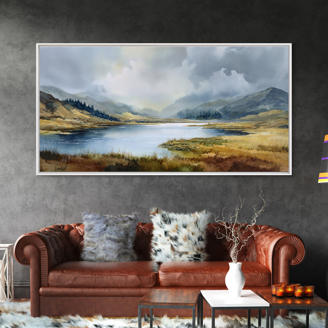 Rocky Scottish Highland Framed Canvas Print, Landscape Art, Farmhouse Decor, Living Room Decor, Horizon, Floral Wall Art, LAN-2x1-85