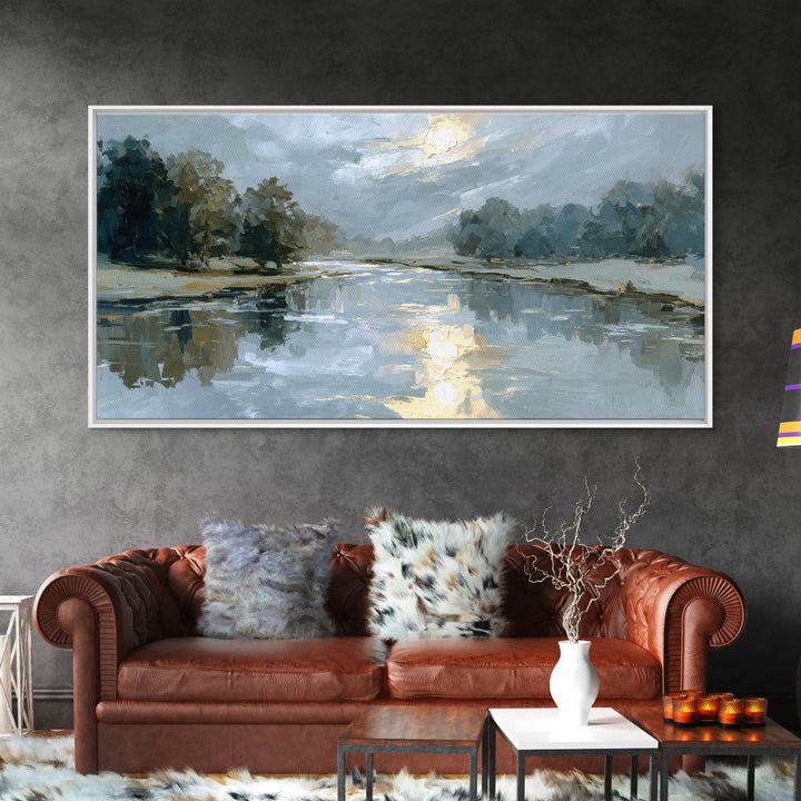 Moonlit River with Silver Reflections Canvas Print, Landscape Art, Living Room Decor, Oil Painting, Horizon, Modern Art, LAN-2x1-89