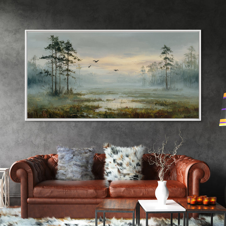 Misty Cypress Swamp Framed Canvas Print, Landscape Art, Digital Art, Living Room Decor, Fine Art, Horizon, Boho Wall Art, LAN-2x1-90