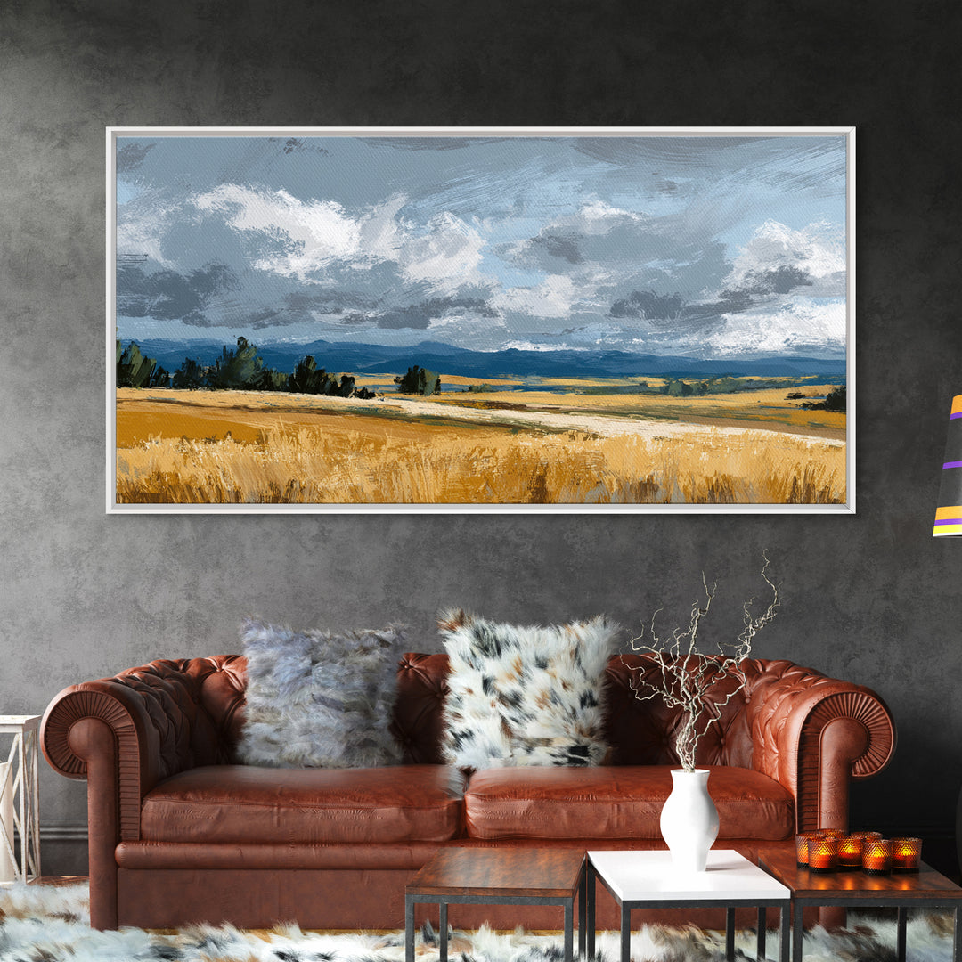 Golden Wheat Field Beneath Huge Clouds Framed Canvas Print, Landscape Art, Digital Print, Living Room Decor, Fine Art, Horizon, LAN-2x1-92