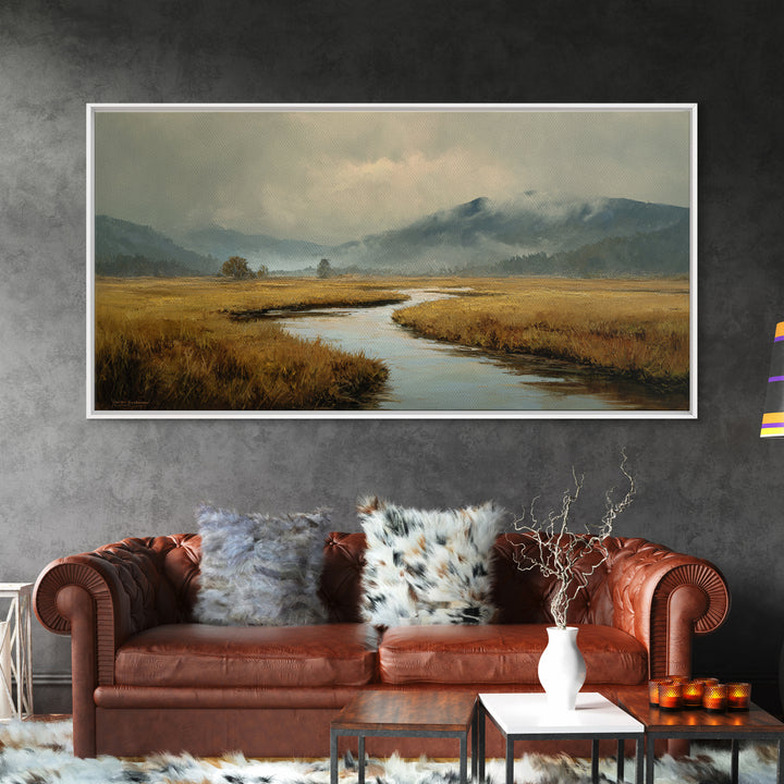 Winding River Through Golden Fields Canvas Print, Landscape Art, Printable Wall Art, Living Room Decor, Oil Painting, Horizon, LAN-2x1-94