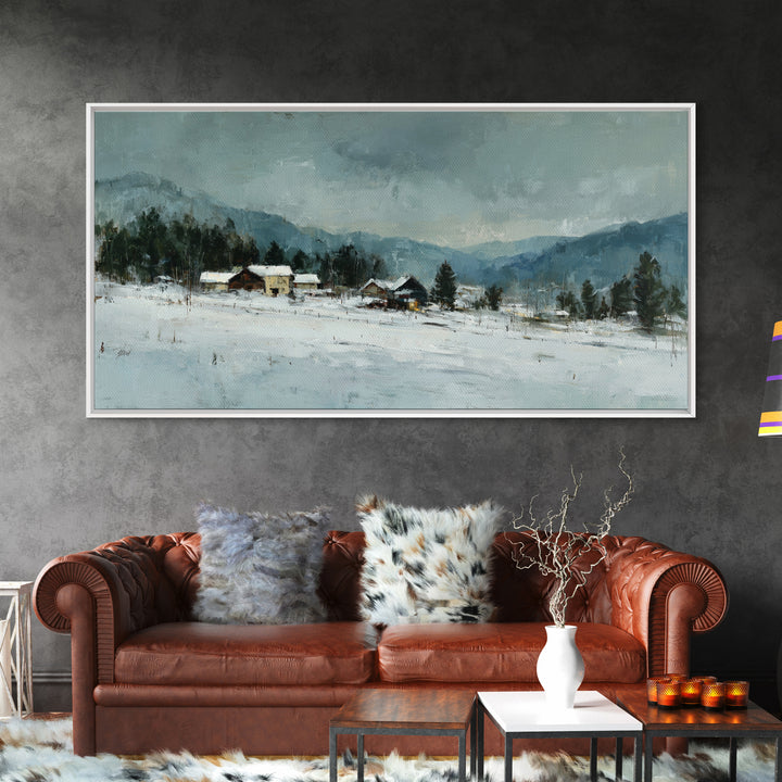 Snow Covered Alpine Village at Dusk Framed Canvas Print, Landscape Art, Abstract Wall Art, Living Room Decor, Fine Art, Horizon, LAN-2x1-99