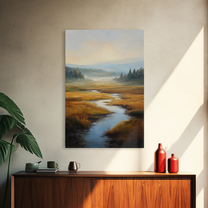 Winding River Through Golden Fields Canvas Print, Landscape Art, Contemporary Art, Living Room Decor, Fine Art, Horizon, LAN-2x3-10