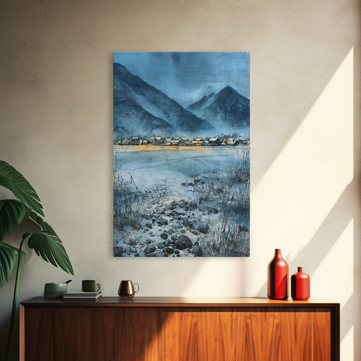 Snow Covered Alpine Village at Dusk Canvas Print, Landscape Art, Minimalist Decor, Living Room Decor, Oil Painting, Horizon, LAN-2x3-15