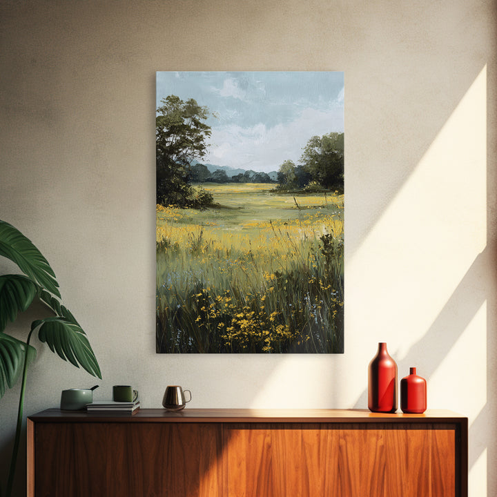 Sunlit Meadow with Wildflowers Framed Canvas Print, Landscape Art, Digital Art, Living Room Decor, Fine Art, Horizon, LAN-2x3-21