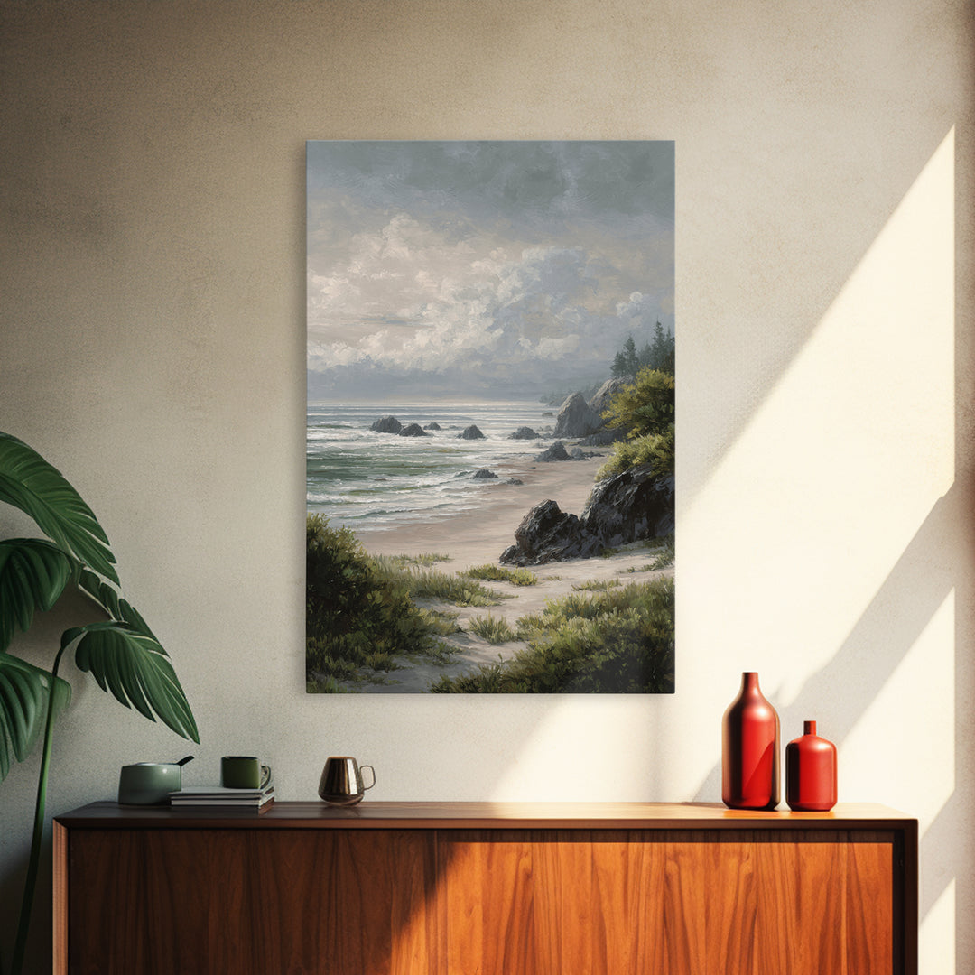 Volcanic Black Beach Framed Canvas Print, Landscape Art, Wall Decor, Living Room Decor, Fine Art, Horizon, Digital Print, LAN-2x3-22