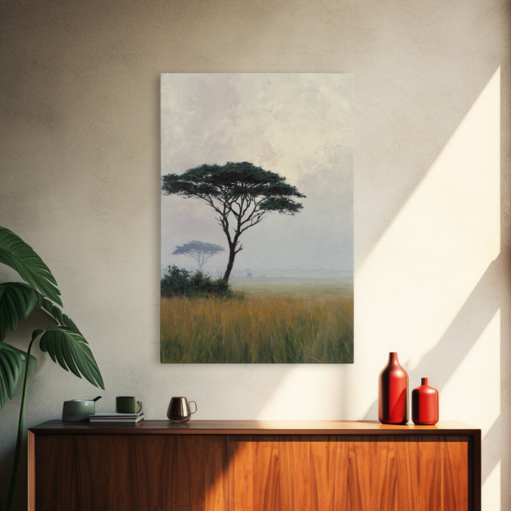 Wide Savanna with Acacia Silhouette Framed Canvas Print, Landscape Art, Room Decor, Living Room Decor, Fine Art, Horizon, LAN-2x3-3