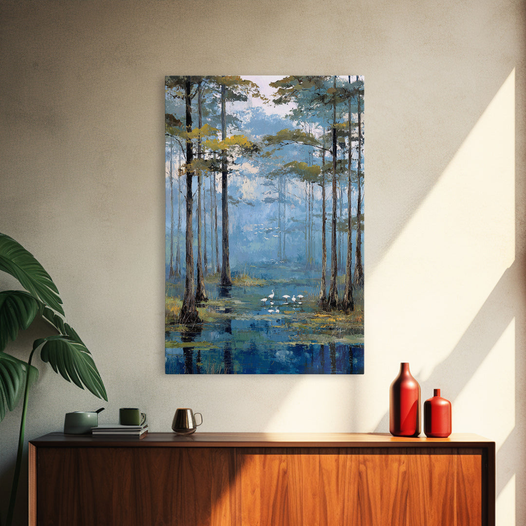 Misty Cypress Swamp Framed Canvas Print, Landscape Art, Minimalist Decor, Living Room Decor, Oil Painting, Horizon, LAN-2x3-30