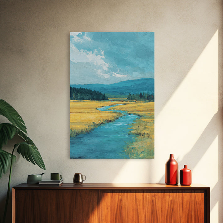 Winding River Through Golden Fields Framed Canvas Print, Landscape Art, Art Prints, Living Room Decor, Fine Art, Horizon, LAN-2x3-34