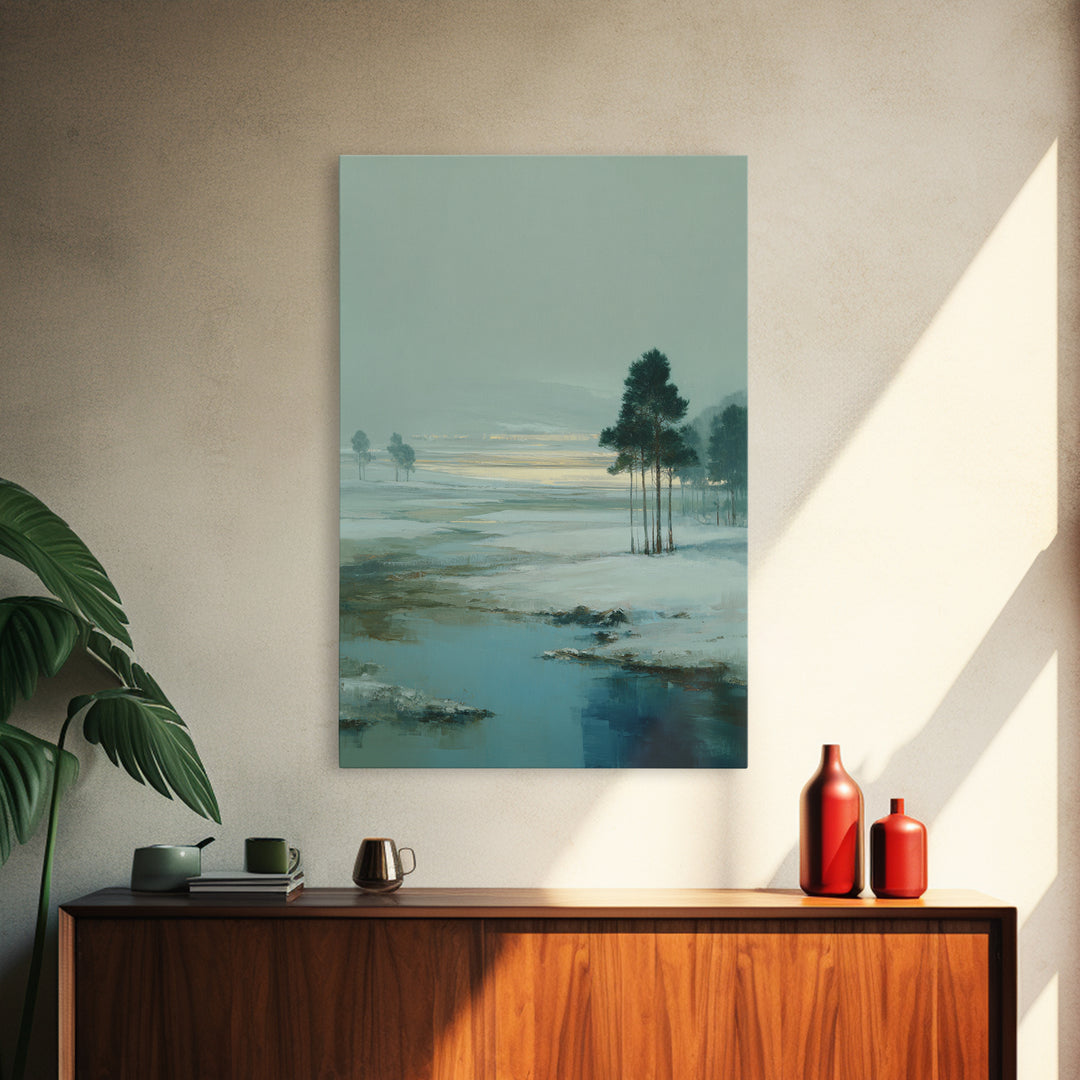 Fjord Landscape with Icy Blue Water Framed Canvas Print, Landscape Art, Original Art, Living Room Decor, Fine Art, Horizon, LAN-2x3-47