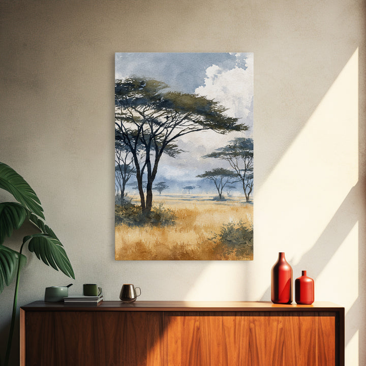 Wide Savanna with Acacia Silhouette Framed Canvas Print, Landscape Art, Digital Art, Living Room Decor, Fine Art, Horizon, LAN-2x3-51