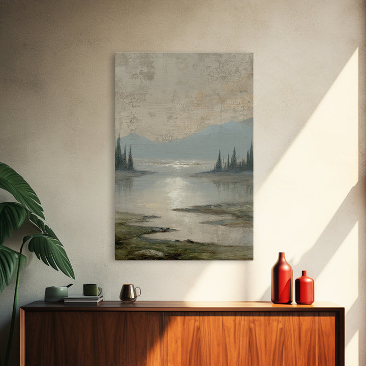 Moonlit River with Silver Reflections Framed Canvas Print, Landscape Art, Digital Print, Living Room Decor, Fine Art, Horizon, LAN-2x3-53